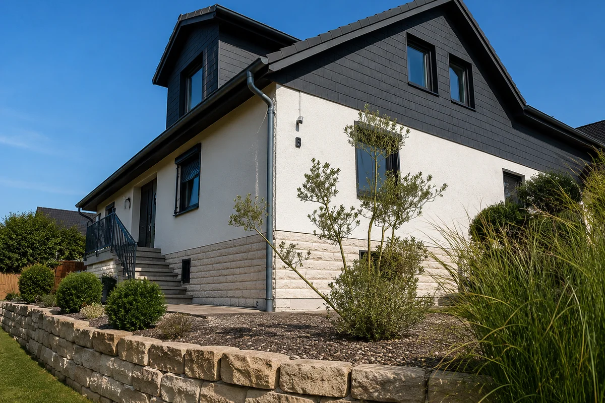 Außenansicht des Hauses der Ferienwohnung Am Wäldchen mit gepflegtem Vorgarten