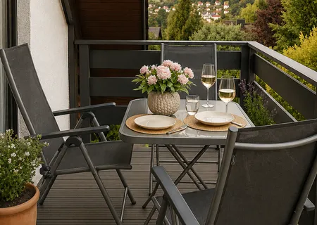 Balkon der Ferienwohnung Am Wäldchen mit Sitzplatz und Ausblick ins Grüne