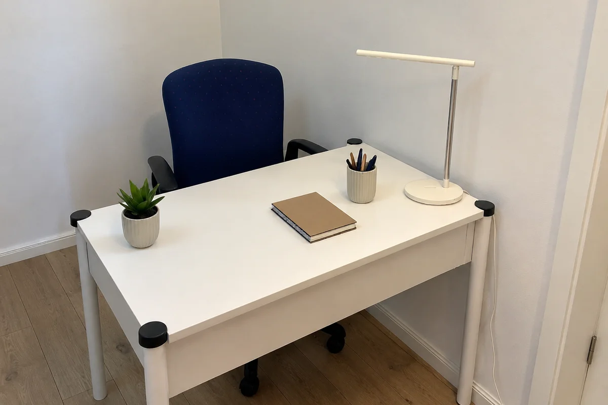 Kleines Büro bzw. Abstellraum in der Ferienwohnung Am Wäldchen mit Schreibtisch und Stuhl