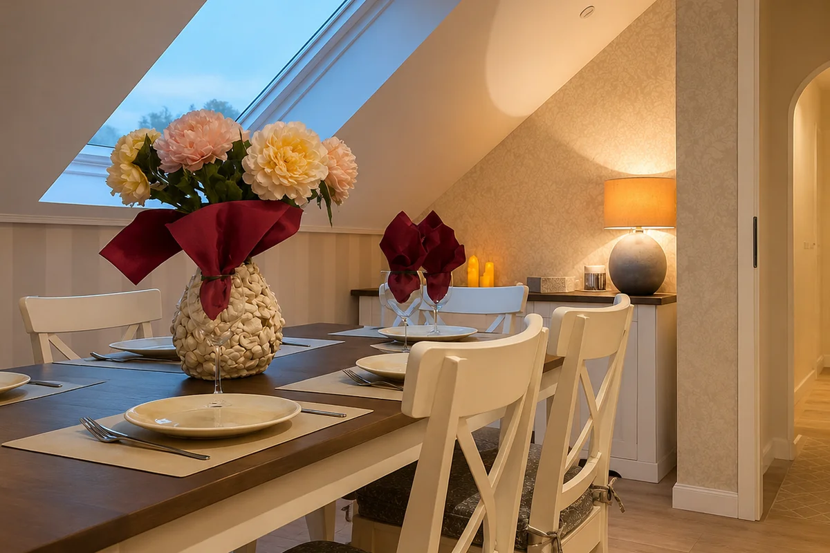 Gemütliches Esszimmer unter dem Dach mit großem Tisch in der Ferienwohnung Am Wäldchen