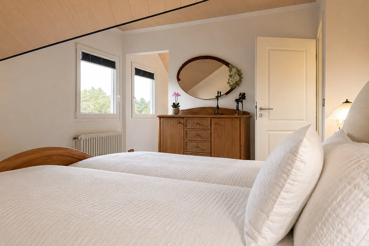 Helles Schlafzimmer der Ferienwohnung Am Wäldchen mit Doppelbett
