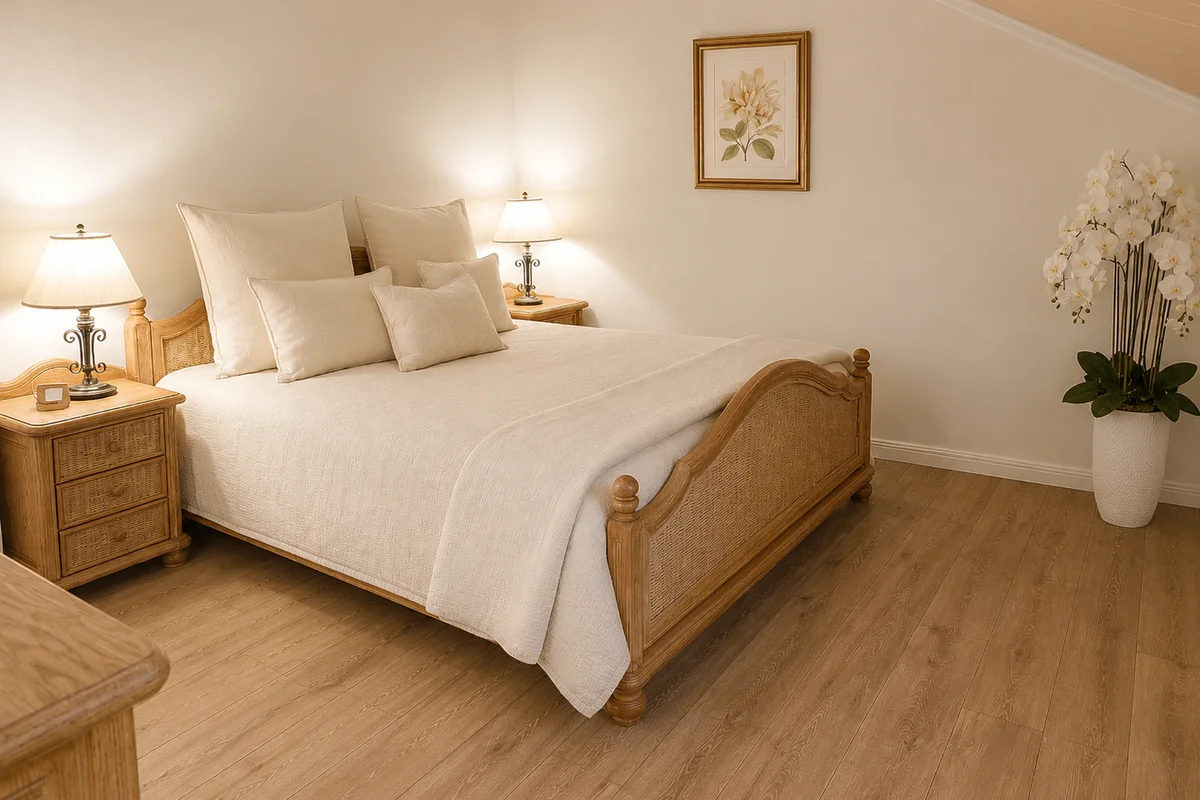 Schlafzimmer der Ferienwohnung Am Wäldchen mit großem Bett und Kommode