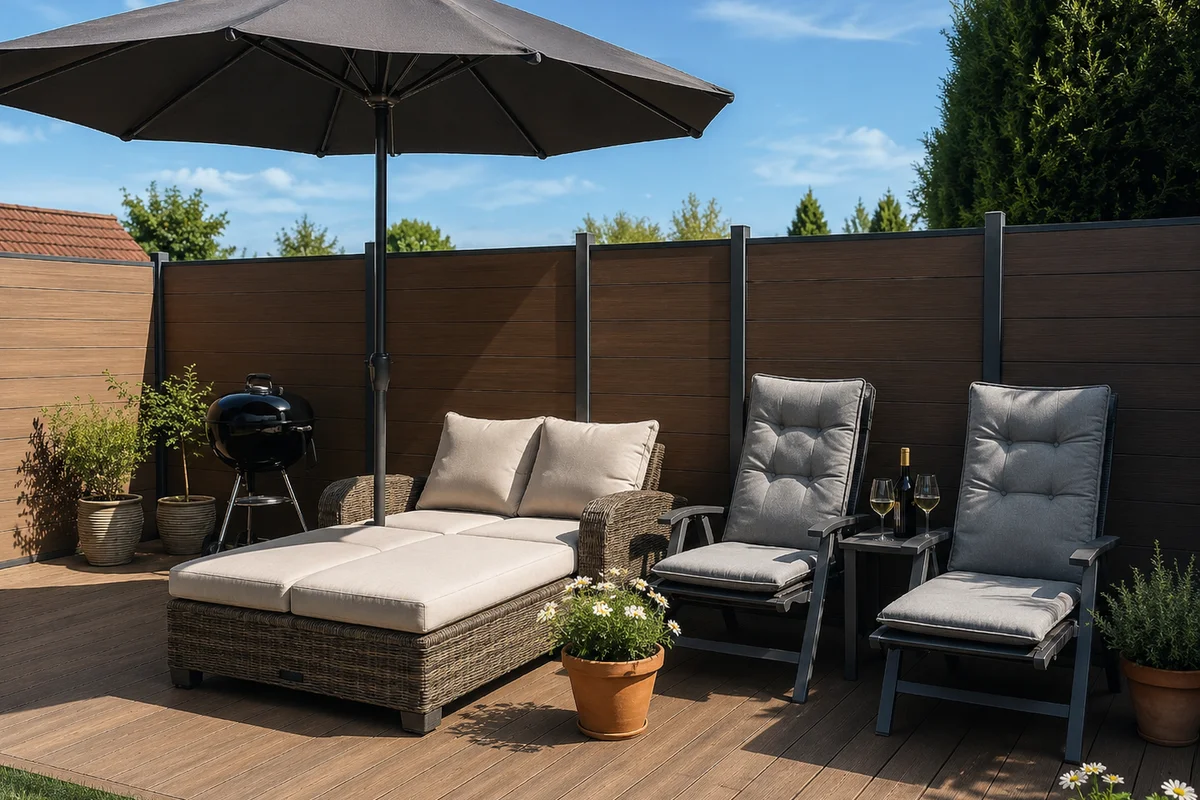 Terrasse der Ferienwohnung Am Wäldchen mit Liegestühlen, Sonnenschirm und Grill