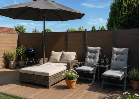 Terrasse der Ferienwohnung Am Wäldchen mit Liegestühlen, Sonnenschirm und Grill
