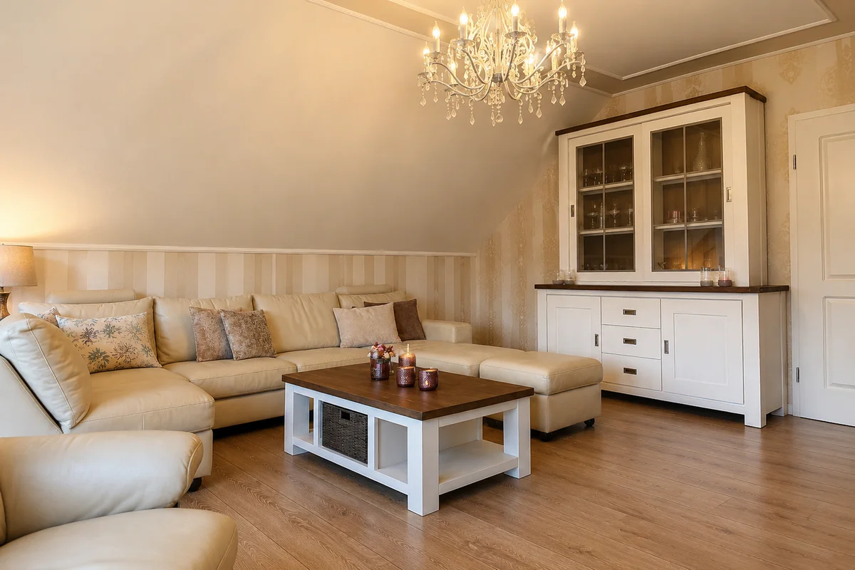 Großzügiger Wohnbereich der Ferienwohnung Am Wäldchen mit Ledersofa