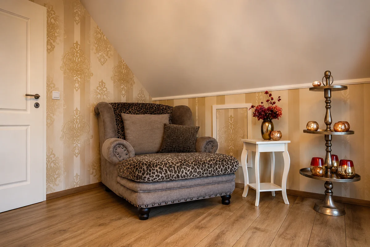Gemütliche Leseecke mit Sessel und Beistelltisch in der Ferienwohnung Am Wäldchen
